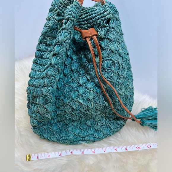 Mar Y Sol Teal Raffia /Straw Bucket Bag - Picture 8 of 12